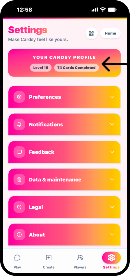 Settings — your Cardsy profile with total level and cards completed