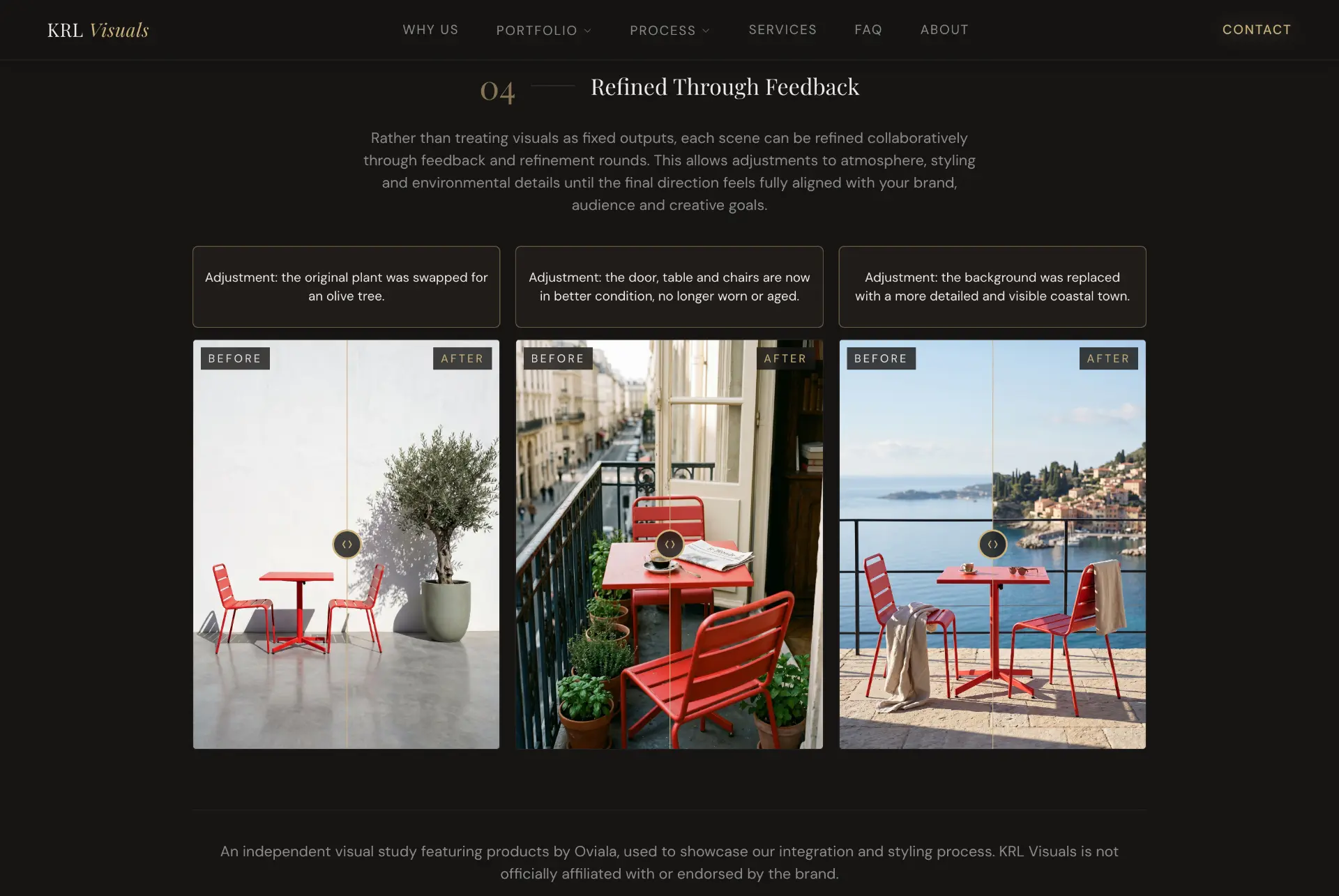 The process page provides a transparent view of the workflow, documenting how concepts are developed, refined and translated into final visual outcomes.