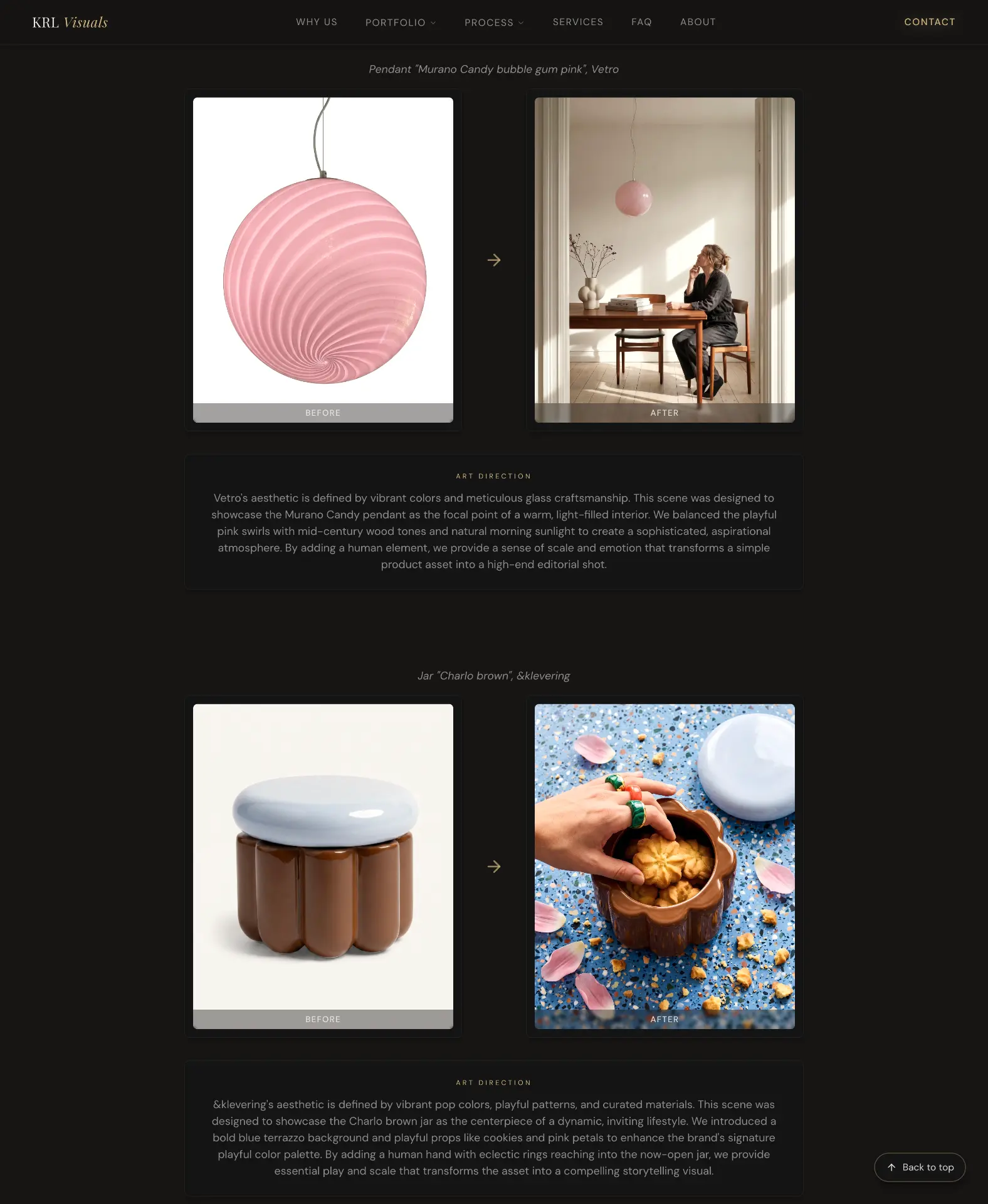 The art direction detail page highlights the relationship between concept, composition and final execution, providing a deeper look into the thinking behind each visual outcome.