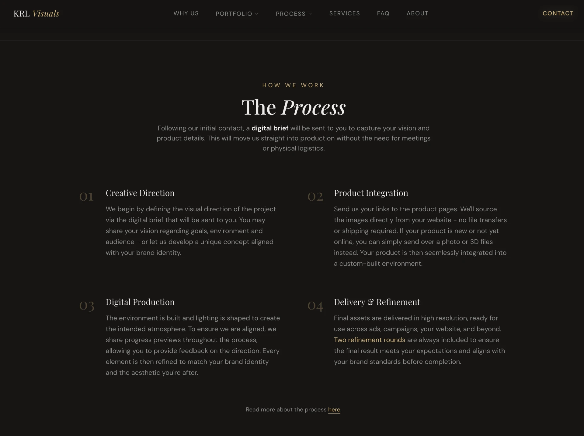 The process section guides clients from creative direction to delivery and refinement.