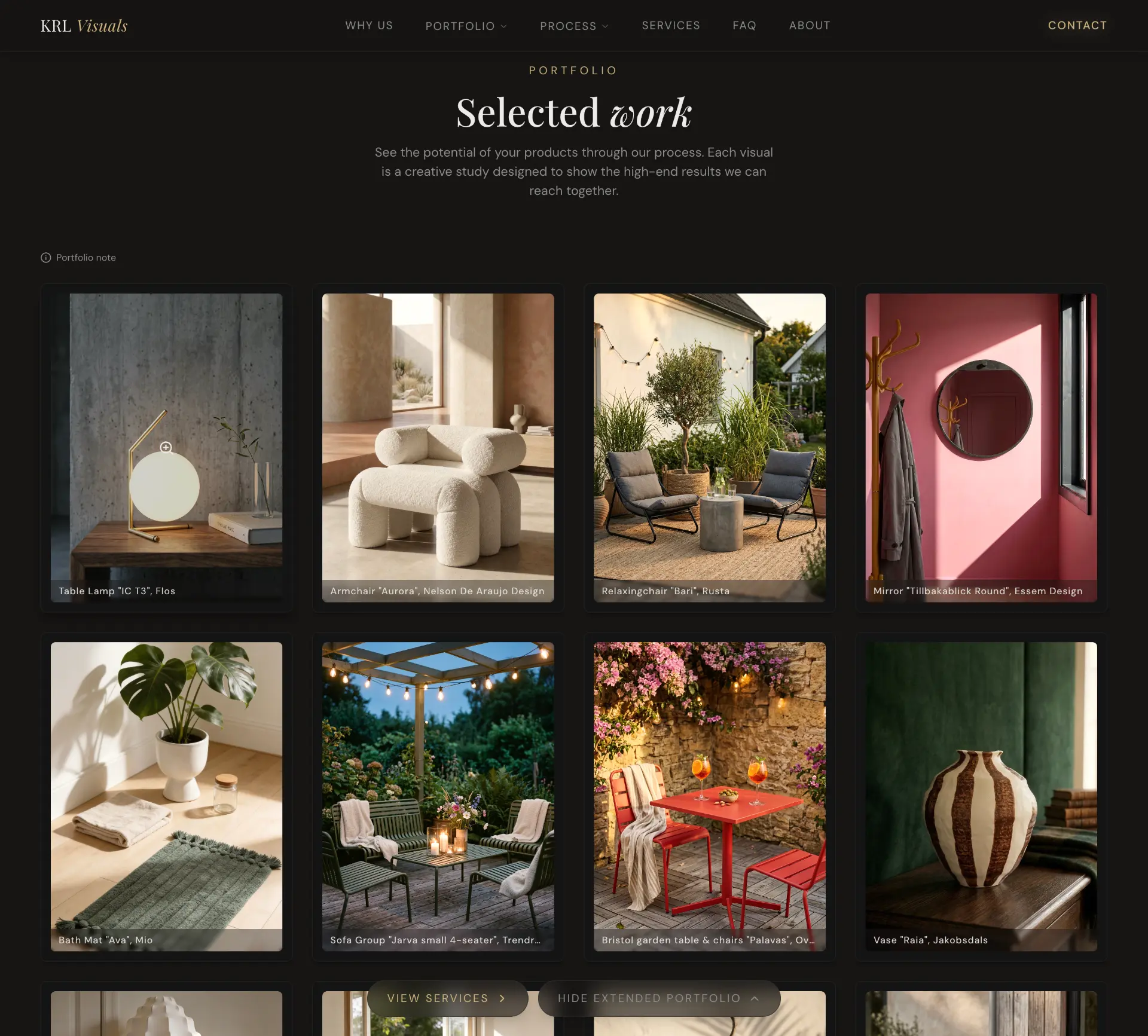 The image gallery showcases the studio’s range of brand-aligned visual work.
